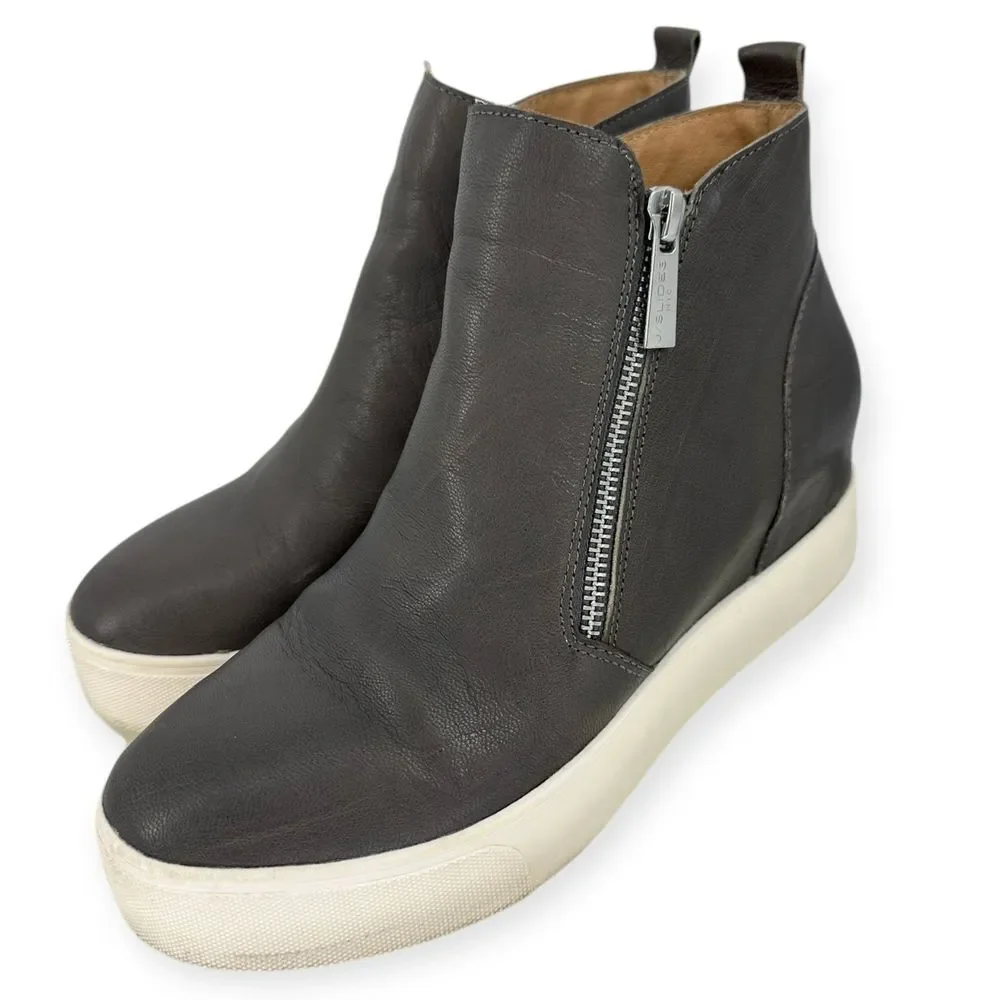 J/Slides Sky Leather Wedge Sneaker Boots Hidden Heel Zip Detail Gray Size 8.5‎
